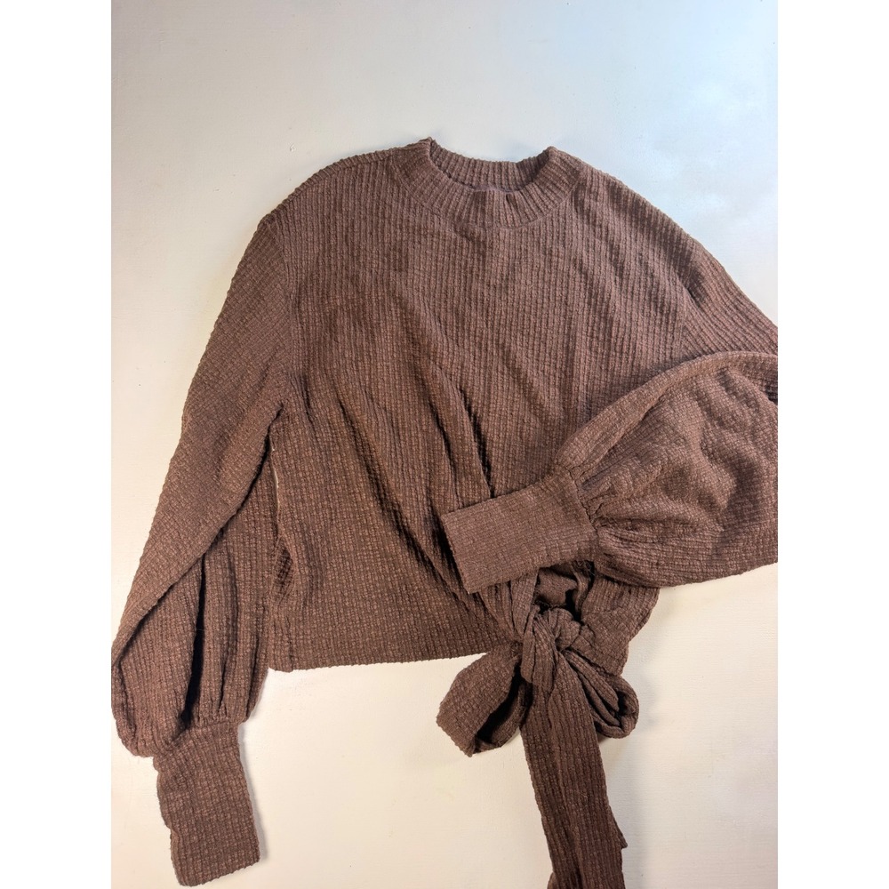 Free People Waffle Knit Top Womens M Brown Boho Side Tie Balloon Sleeve Cropped